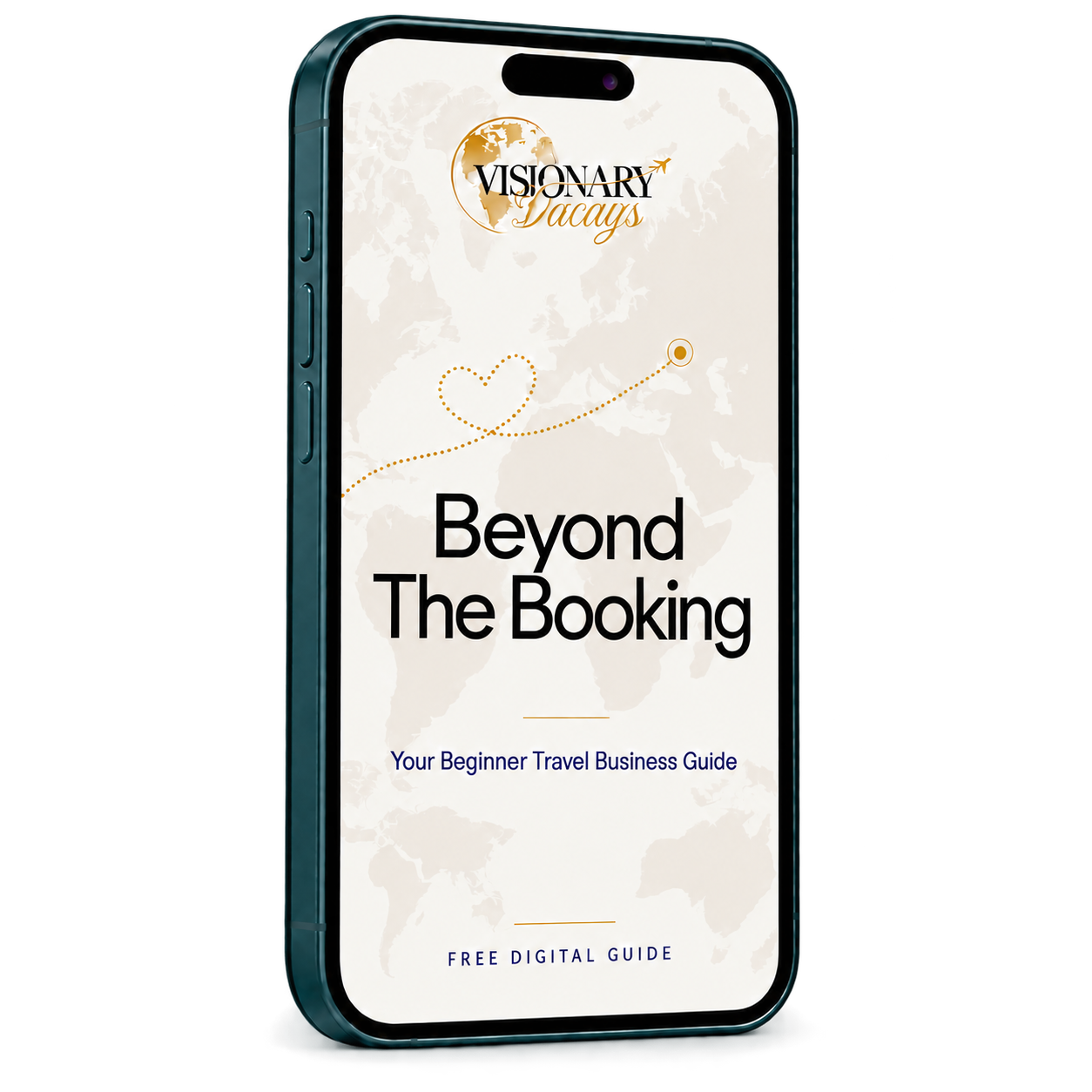 Beyond The Booking digital guide on a deep teal phone with a dotted heart route