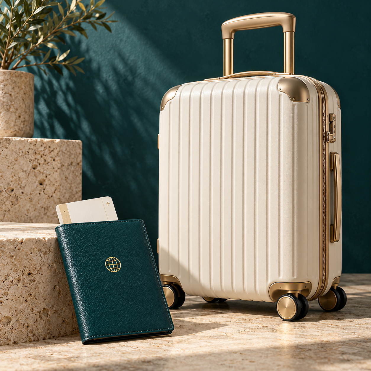 Cream and gold suitcase with a deep teal passport on a softly textured cream background